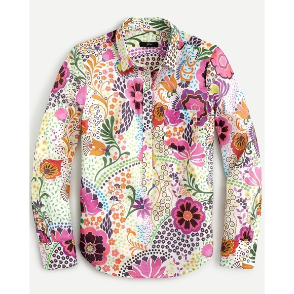 J. Crew Tops - J. Crew Classic Popover Shirt Floral Print Button Down Long Sleeve Cotton Size 2